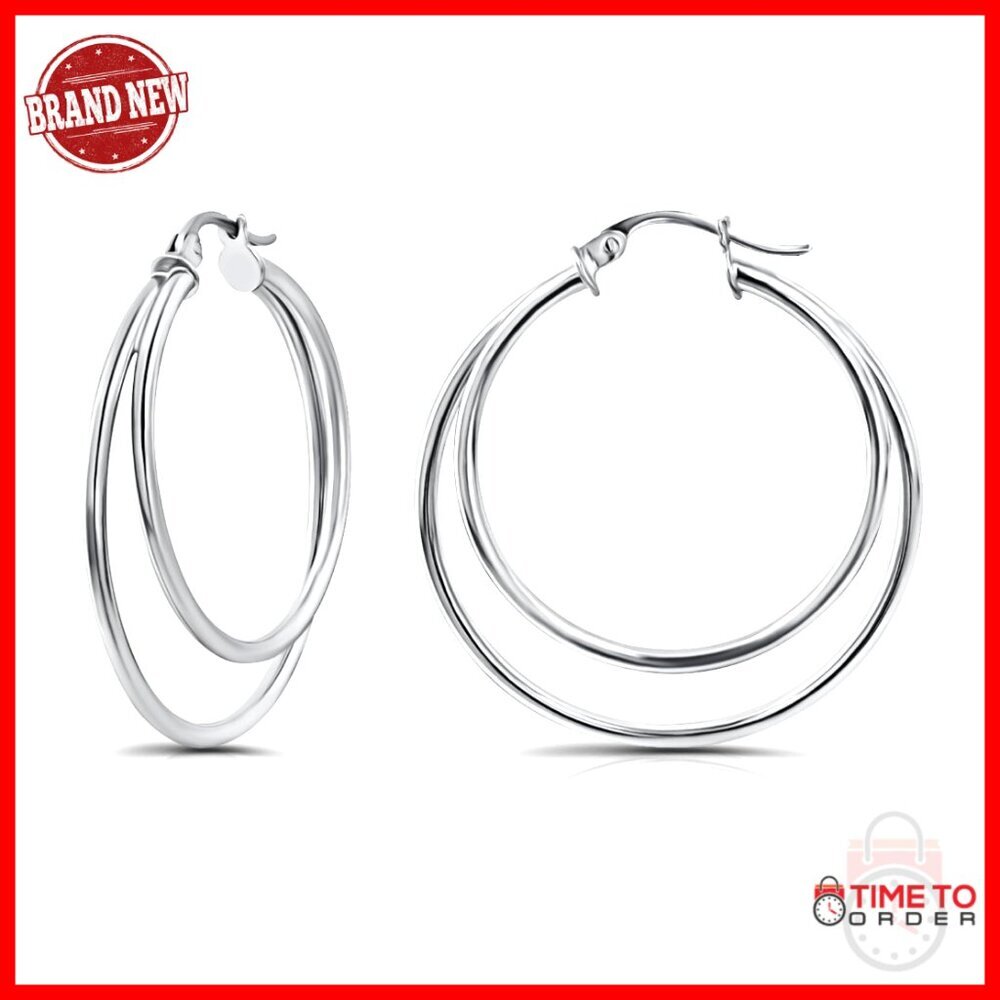 Sterling Silver Double Circle Hoop Earrings 30mm Layered Stacked Click-Top